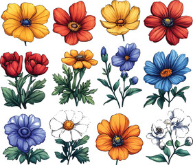 Colorful Hand-Drawn Flower Bouquet with Green Leaves on White Background