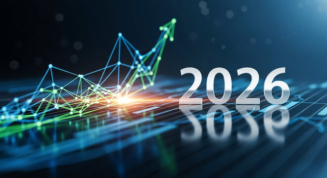 2026 Metallic Numbers with 3D Growth Graph on Digital Grid Background for Financial Investment