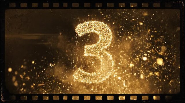 Cinematic vintage countdown from 5 to 1 made of golden particles