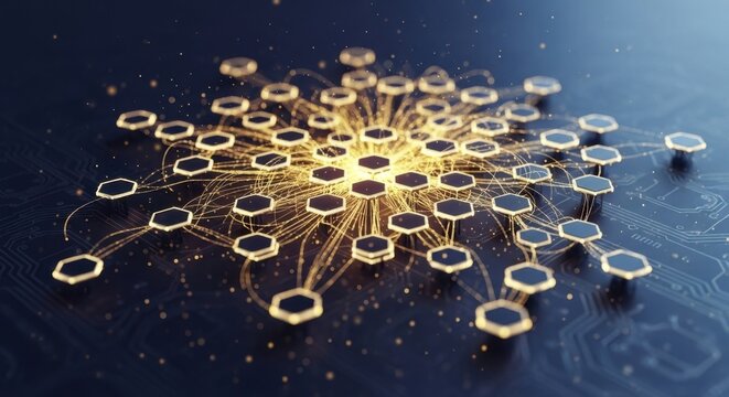 Central glowing node connecting many hexagonal elements in a digital network structure