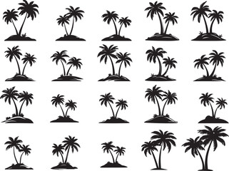 Palm Tree Silhouette Set on Small Islands Vector Illustration