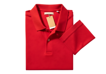 Red polo shirt with tag isolated on transparent background