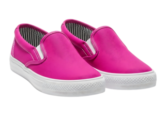 Pair of bright pink slip on canvas sneakers isolated on transparent background