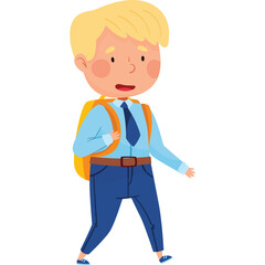 Blond Haired Young Boy Wearing Blue Shirt and Jeans Carrying Yellow Backpack Walking Happily on Transparent Background