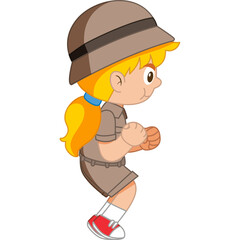 Blond Haired Young Girl In Khaki Safari Outfit And Bucket Hat Poses Energetically With Clenched Fists And Determined Expression On Transparent Background