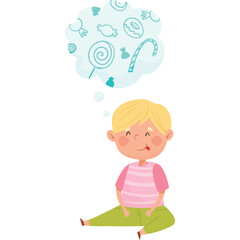 Blonde Haired Child Dreaming of Sweets With Candy Icons Floating in a Thought Bubble Above Head