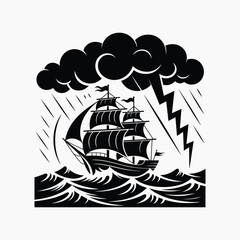 Black and white graphic of a sailing ship navigating rough seas during a storm with lightning waves isolated white background,