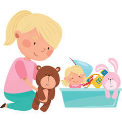 Blonde Haired Girl Playing With Stuffed Animals And Toys In A Blue Tub On A Transparent Background