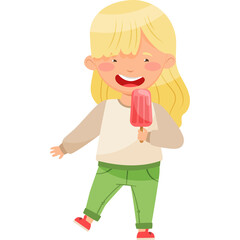 Blonde Haired Little Girl Enjoying A Pink Popsicle With Green Pants And A White Sweater Isolated On Transparent Background
