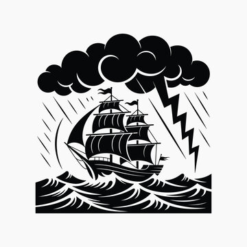 Black and white graphic of a sailing ship navigating rough seas during a storm with lightning waves isolated white background,