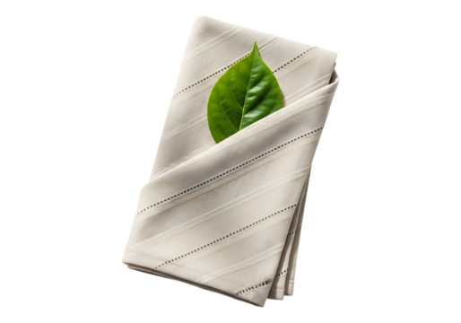 White linen napkin with green leaf isolated on transparent background