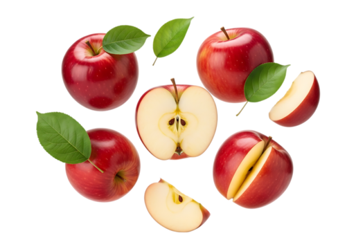 Fresh red apples and slices isolated on transparent background