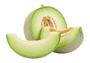 Fresh honeydew melon cut into slices isolated on transparent background