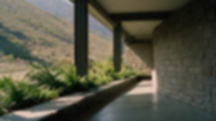 Background blurred meeting table interior with a natural theme, a wooden table that blends with the wild nature, a large window with an open natural background.