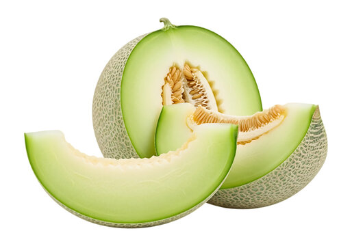 Fresh honeydew melon cut into slices isolated on transparent background