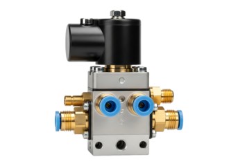Pneumatic solenoid valve with electrical coil isolated on transparent background