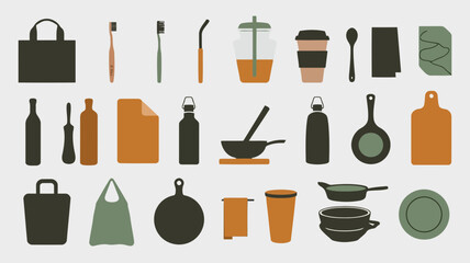 Assortment of everyday objects and reusable items including bags, bottles, cups, toothbrushes, and kitchenware