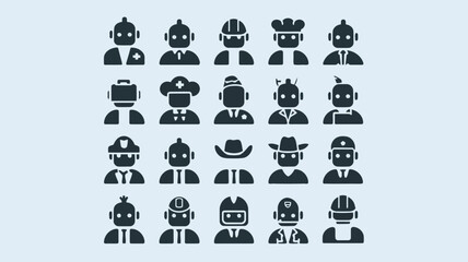 Collection of diverse professional icons, depicting various job roles and occupations, including robots and humans in different uniforms and hats