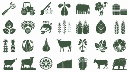 Green agricultural icons representing farming, livestock, and crops, including tractors, cows, wheat, and plants, ideal for food industry and organic product branding