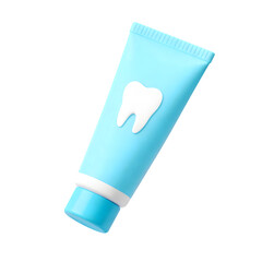 Light blue toothpaste tube with white tooth icon, cute 3D minimal style, isolated on transparent background