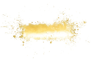 Abstract yellow powder explosion splash with fine particles and droplets isolated on transparent background