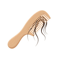 Wooden comb with dark strands of hair, simple flat vector style, isolated on transparent background