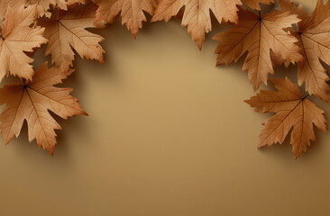 Brown maple leaves border on calm background, minimal autumn decoration for cozy seasonal mood, Thanksgiving, quiet harvest