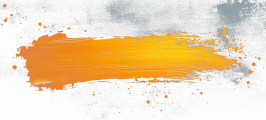 A textured, dark background with an orange, horizontal brushstroke and scattered paint