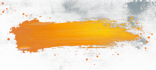 A textured, dark background with an orange, horizontal brushstroke and scattered paint