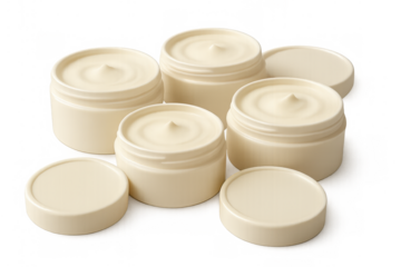 Cosmetic cream jars displaying skincare products for beauty, moisturizing, and hydration, with transparent background
