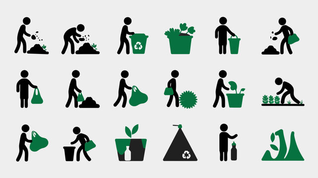 Collection of pictograms depicting various ecofriendly actions such as planting, recycling, waste management, and composting, promoting environmental consciousness and sustainability