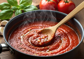 A rustic pan brimming with a vibrant red marinara sauce, gently bubbling and glistening with olive oil. Visible chunks of garlic, onion, and herbs float in the thick, creamy tomato sauce.