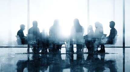 Business meeting with digital interface provides a modern collaboration scene with global team, double exposure silhouette. 