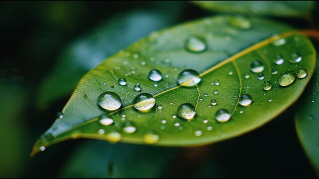 Fresh Green Leaf with Crystal Clear Raindrops. Macro View of Nature's Purity and Detail.