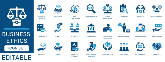 Business ethics icon set. featuring Compliance, fairness, integrity, loyalty, trust, equality, code of conduct, Core Values, honesty, anti corruption, transparency, Respect, and more.