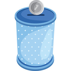 Blue Cylindrical Piggy Bank with White Polka Dots and a Silver Coin Slot on Top Isolated on a Transparent Background