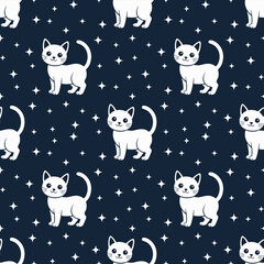 Cute white cat seamless pattern with stars, a playful vector seamless pattern of cute cats and shining stars perfect for kawaii cat design and pet illustration