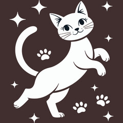 Playful cat vector illustration with paw prints, a cute playful cat illustration featuring happy white cat with paw prints and minimalist cat design style.