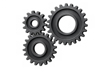 Three metal gears meshing, symbolizing teamwork, mechanism, connection, industry, engineering, and efficient process on transparent background