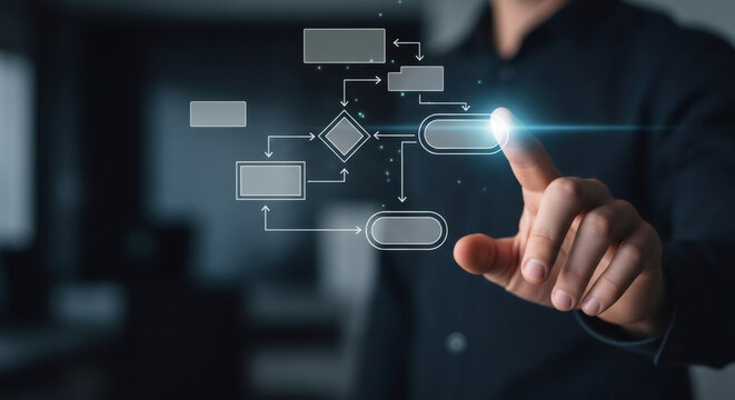 Digital flowchart interface with businessman touching virtual screen, business process automation concept, corporate workflow management system