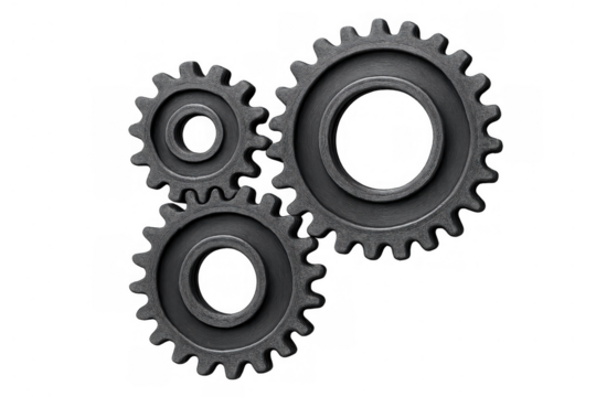 Three metal gears meshing, symbolizing teamwork, mechanism, connection, industry, engineering, and efficient process on transparent background