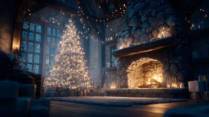 Obraz premium interior christmas. magic glowing tree, fireplace, gifts in dark .