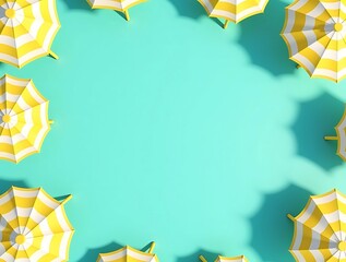 Summer beach umbrellas background yellow and white stripes with copy space on light blue surface