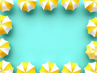Yellow and white beach umbrellas frame on blue background summer vacation concept design with copy space area