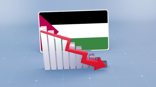 Palestine Flag and Bar Chart Graph Showing Decreasing Values a Red Arrow Economic Crisis Concept