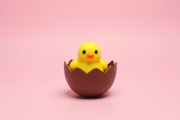 Cute easter chick inside chocolate egg for springtime holiday celebration background and design elements