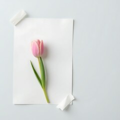 Pink tulip flower on white paper background aesthetic floral flat lay spring blossom design for card template
