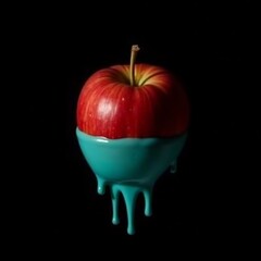 Red apple dipped in teal paint dripping on black background still life food photography art print poster design