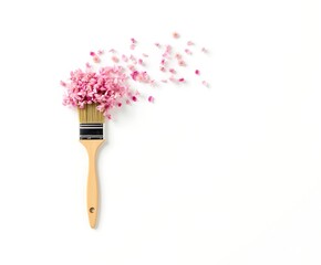 Paint brush with pink flower petals on white background creative floral design spring concept art aesthetic