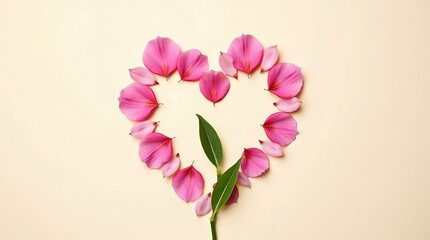 Pink flower petals heart shape with green leaves love and romance concept valentine's day background